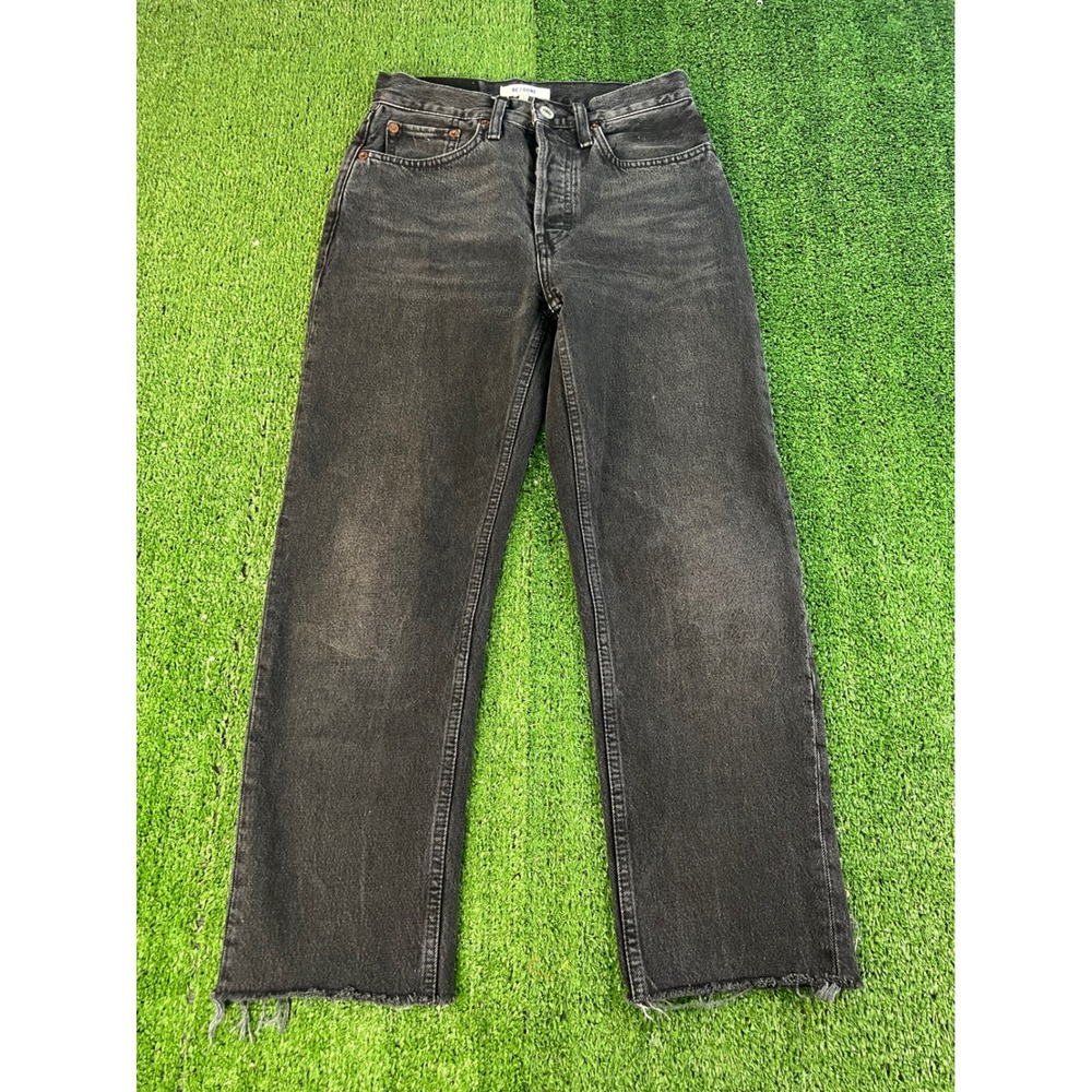 RE/DONE High Rise Straight Leg Jeans Aged Black Raw Hem Womens Size 28